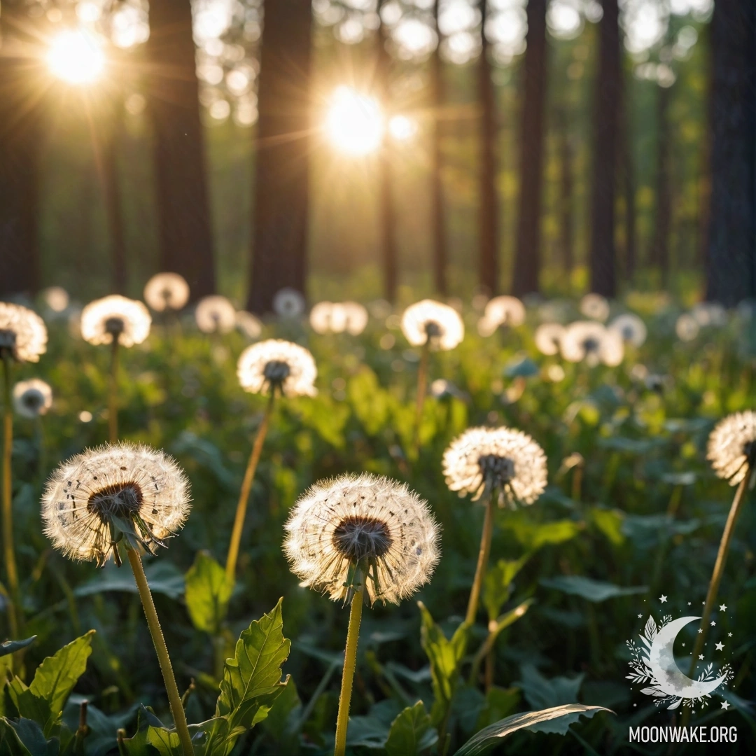 Close-up of dandelions in a calm field with blurred forest background and sunlight filtering through trees at sunset.