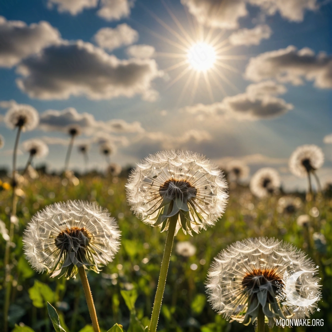 Close-up of dandelions in a vibrant field against a blurred sky.