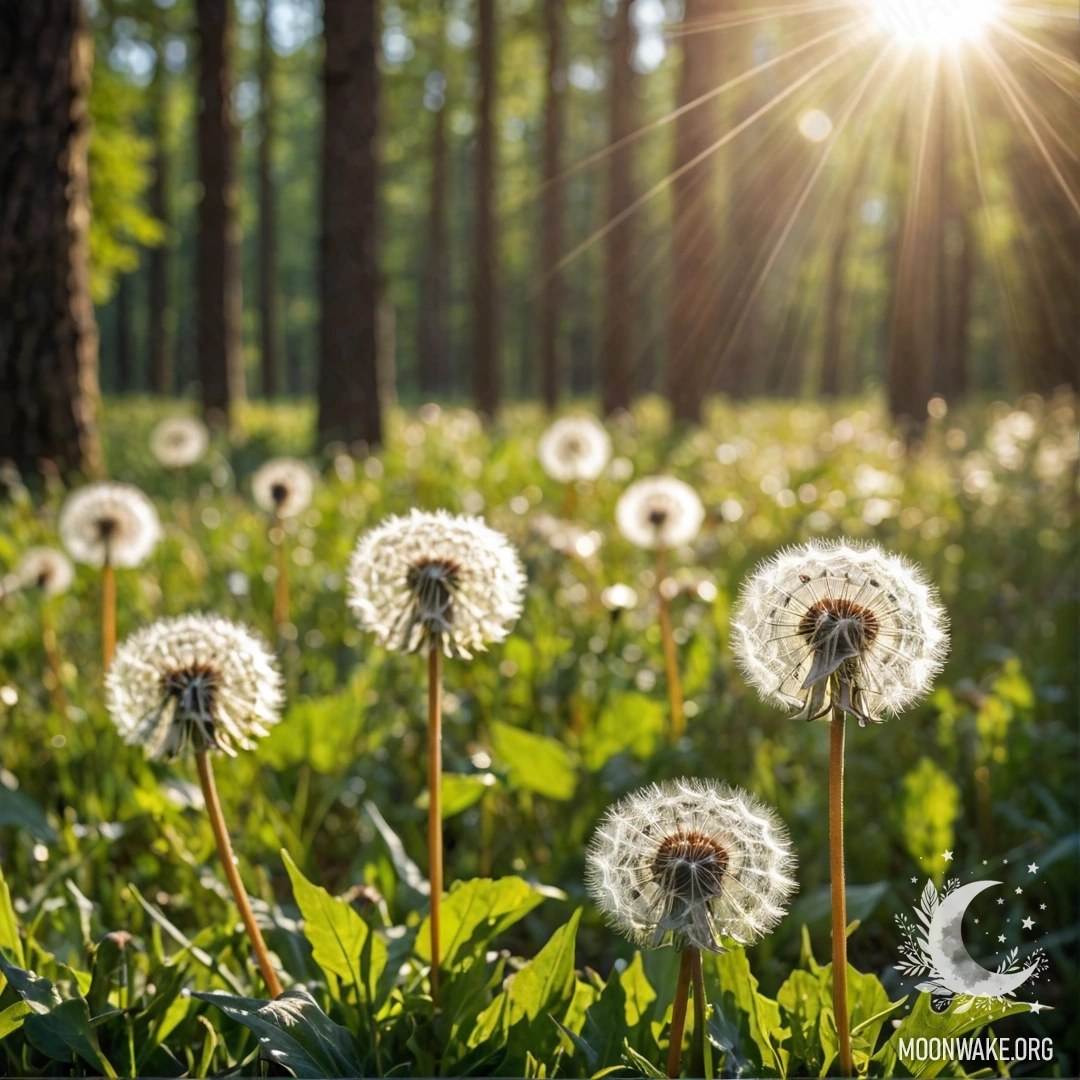 Close-up of dandelions in a bright field with blurry forest background and sun rays.