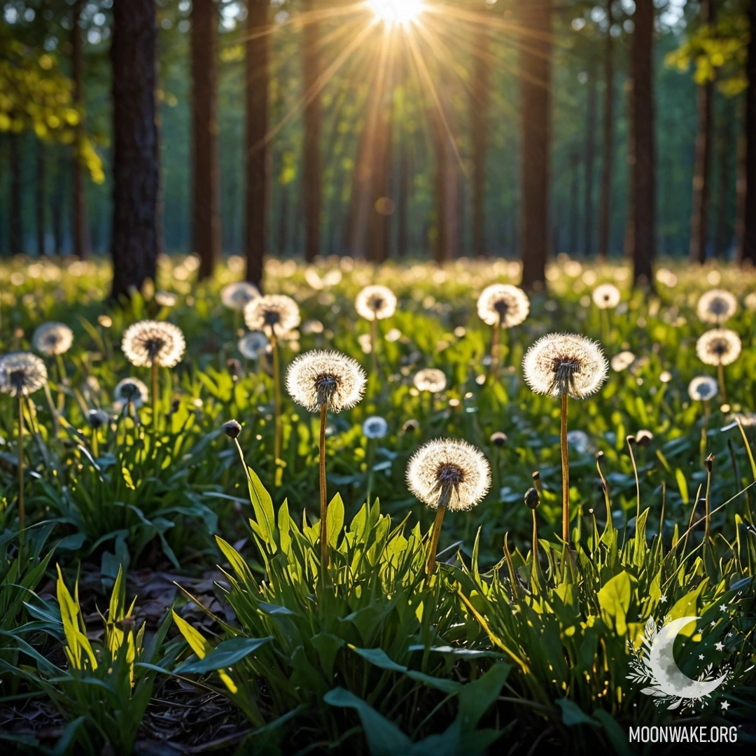 A close-up of dandelions illuminated by sunlight with a blurred forest background at night.