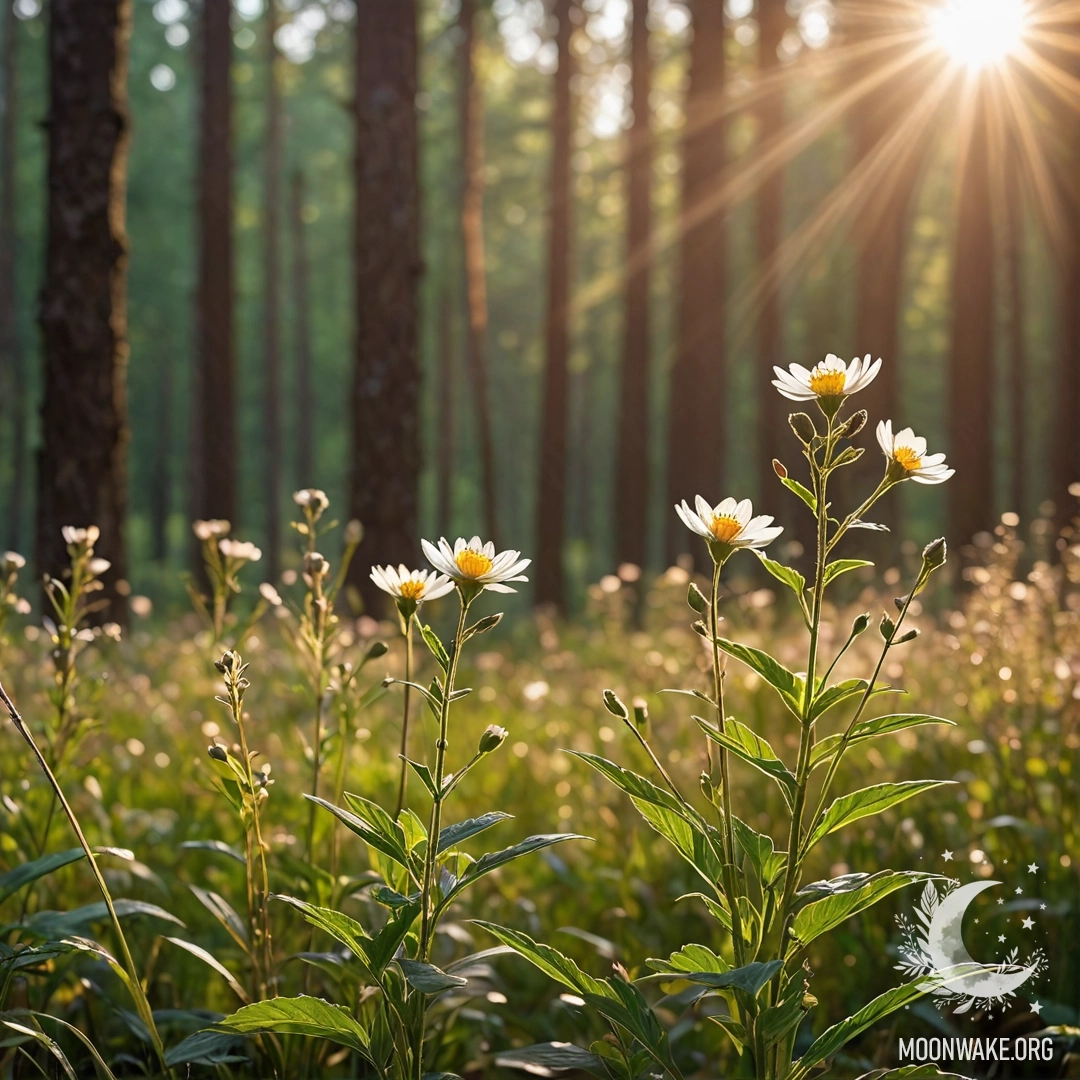 Close-up of a variety of colorful field flowers with soft bokeh background and sun rays.