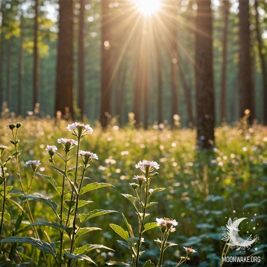 Close-up of colorful field flowers surrounded by a blurred forest and sun rays.
