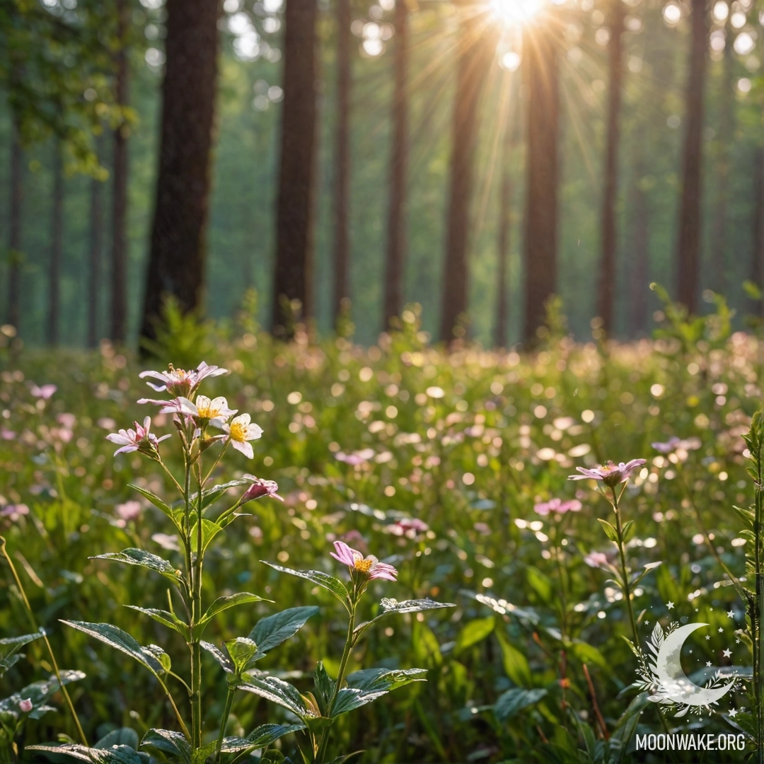 Sunlit Field Flowers in Bokeh Forest Close-up of beautiful flowers with a blurred forest background and sun rays.