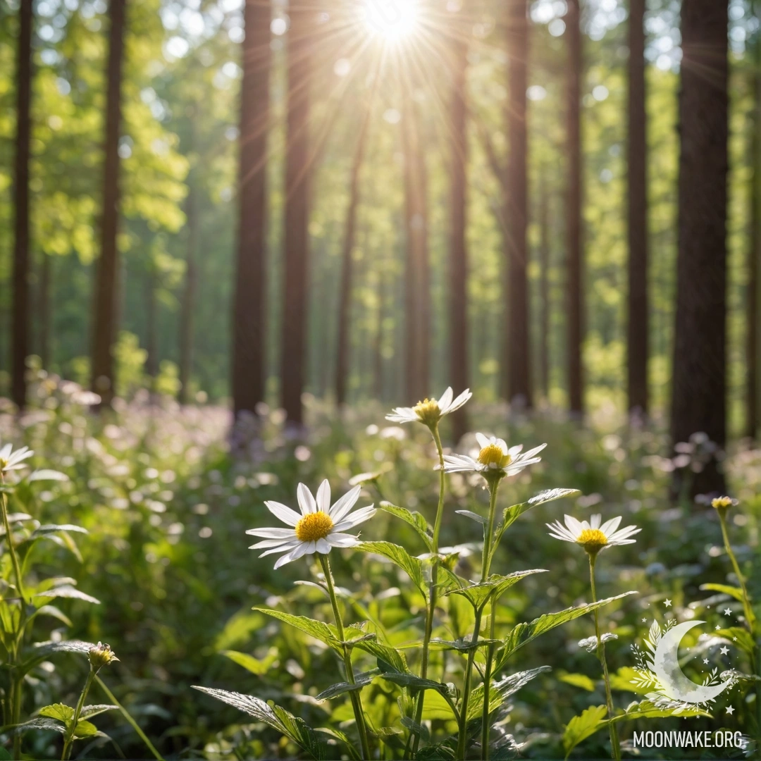 Close-up of vibrant field flowers with blurred forest background and sun rays.