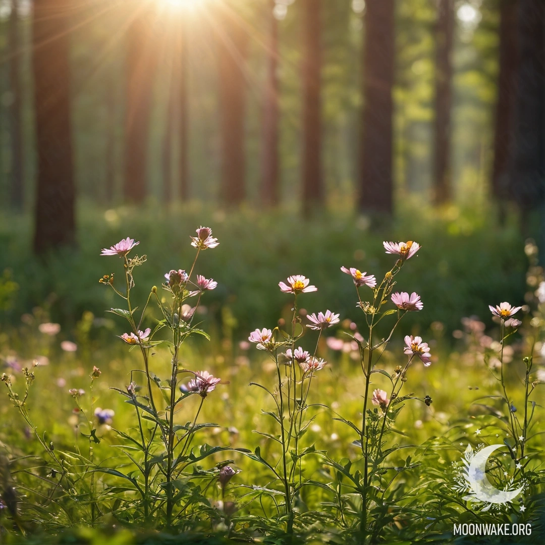 Close-up of vibrant field flowers with a blurred forest background and sun rays illuminating through the trees.