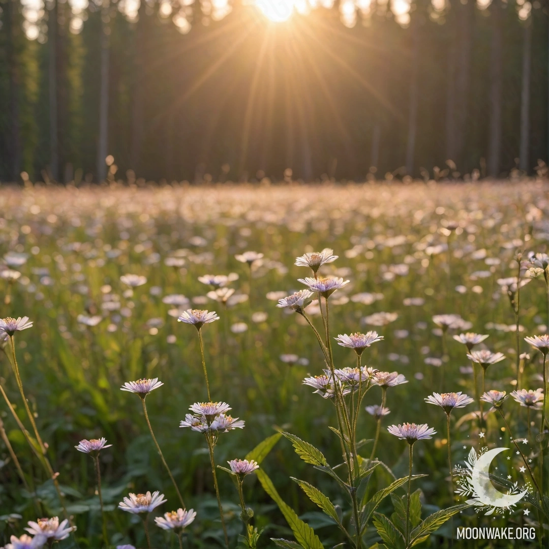 Sunlit Field of Flowers at Sunset Close-up view of delicate flowers in a calm field illuminated by soft sun rays, with a blurred forest backdrop.