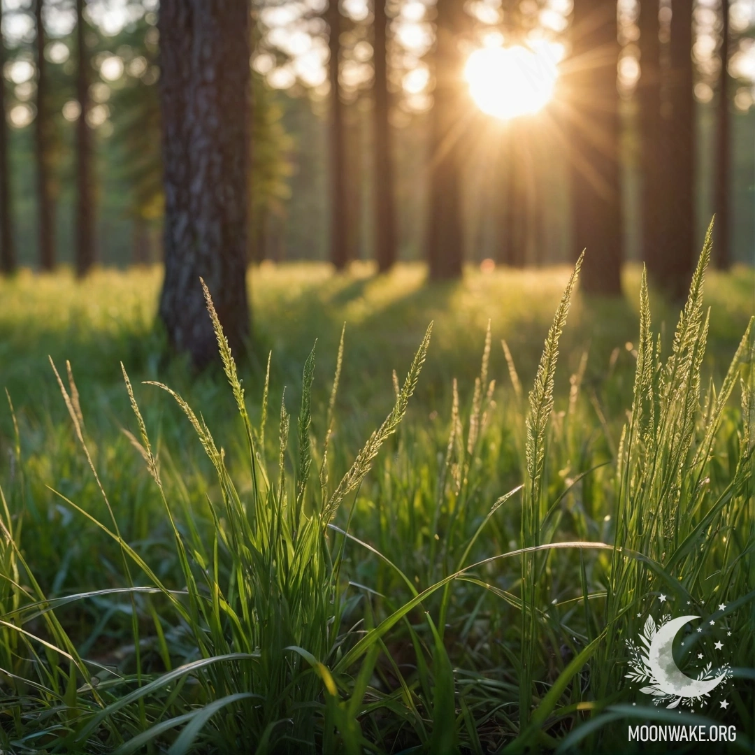Close-up of grass in a romantic field with bokeh forest background and sun rays shining through trees at sunset.
