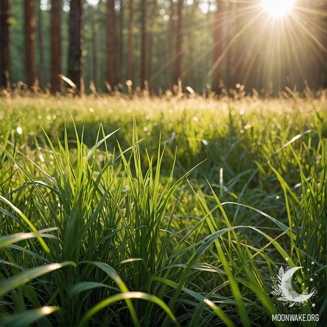 Sunlit Field of Grass Close-up of grass in a peaceful field with sunlight filtering through a bokeh forest.