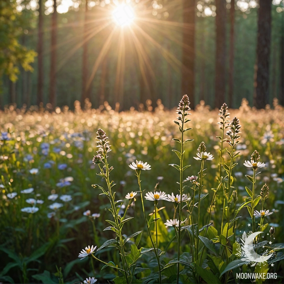 Sunlit Flower Field at Sunset Close-up of calm field flowers with a bokeh forest background illuminated by sun rays during sunset.