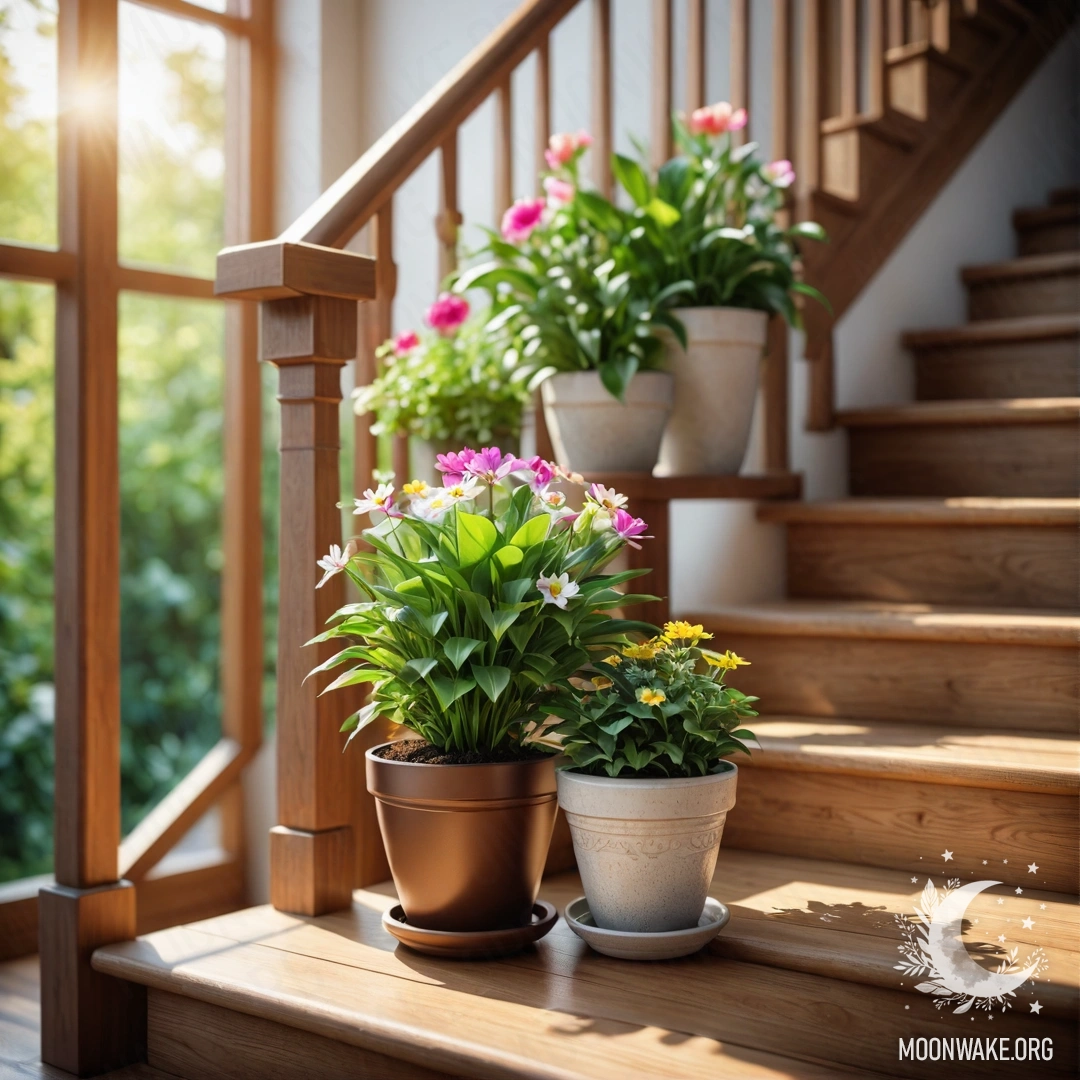 Sunlit Flowerpots on a Wooden Staircase A wooden staircase adorned with vibrant flowerpots illuminated by sun rays.