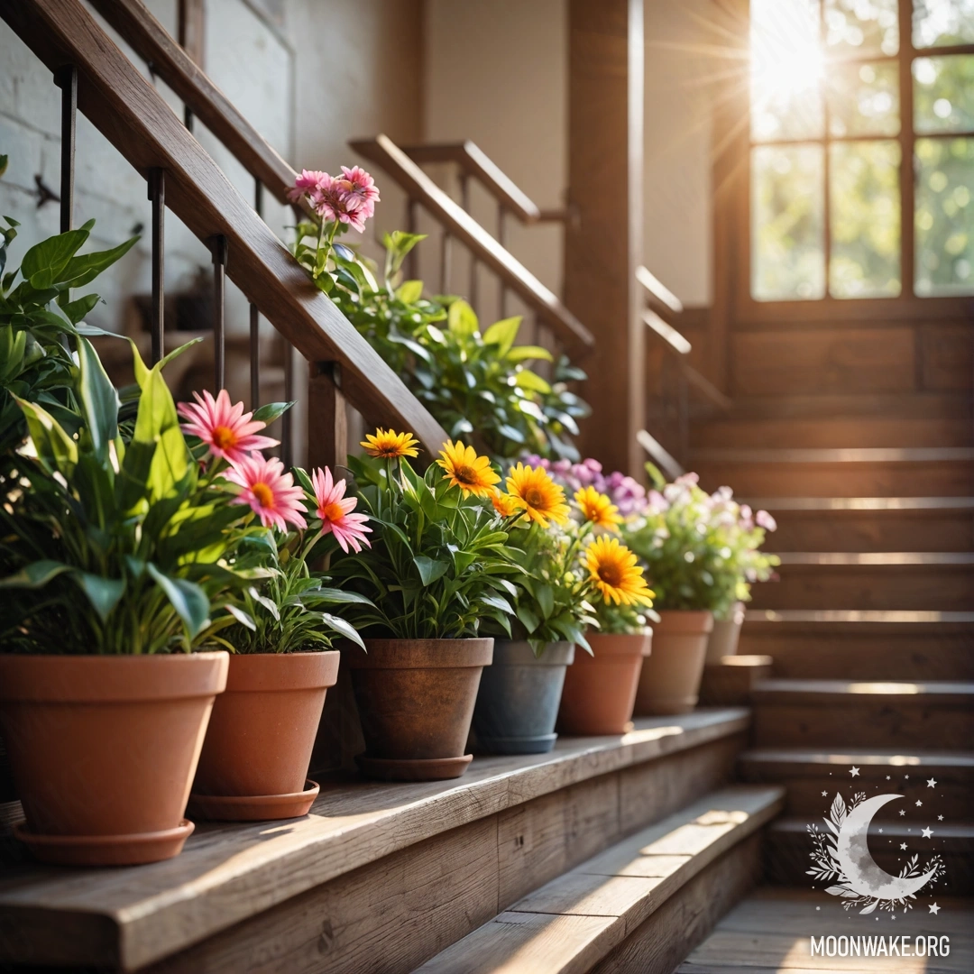 A scenic view of flowerpots on a wooden staircase bathed in sunlight.