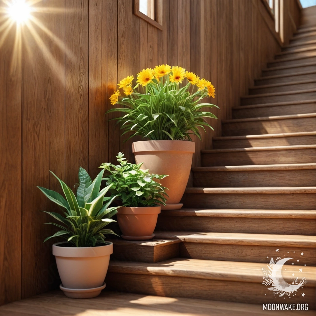 Sunlit Flowerpots on Staircase A wooden staircase adorned with flowerpots, illuminated by sunlight.
