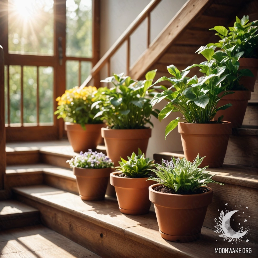 A wooden staircase adorned with flowerpots basking in sunlight.