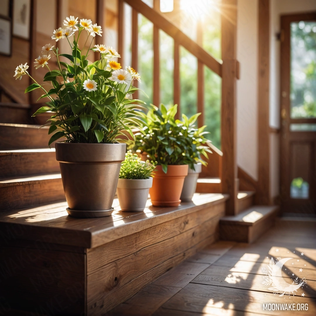 Sunlit Flowerpots on a Wooden Staircase A wooden staircase adorned with flowerpots basking in sunlight.