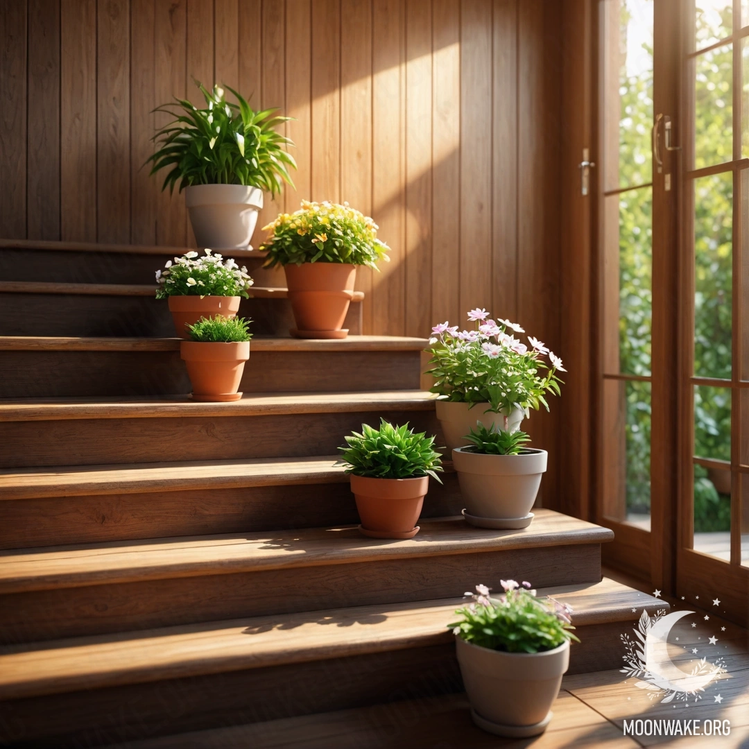 A wooden staircase adorned with flowerpots, illuminated by sunlight.