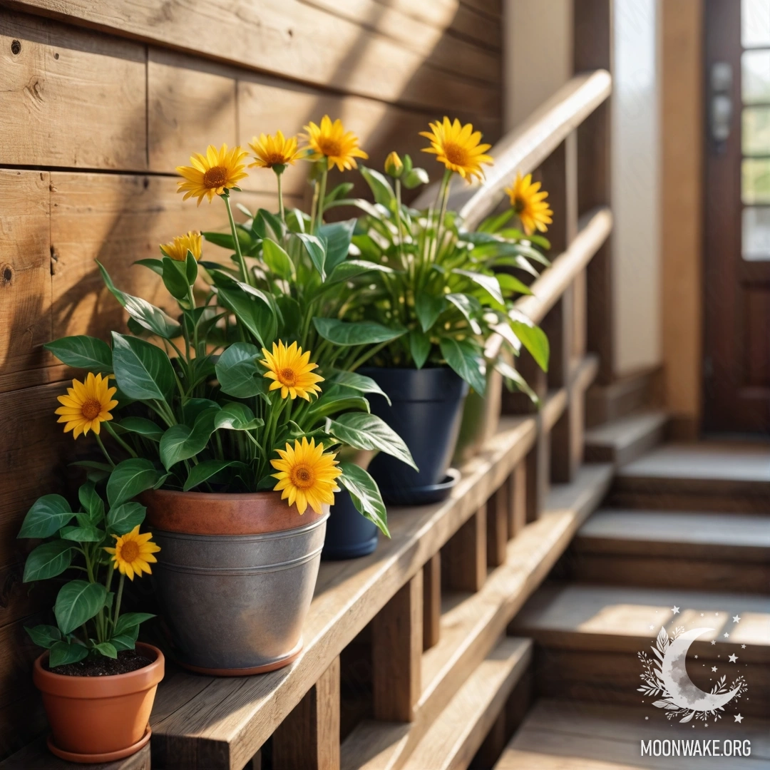 Flowerpots basking in sunlight on a wooden staircase