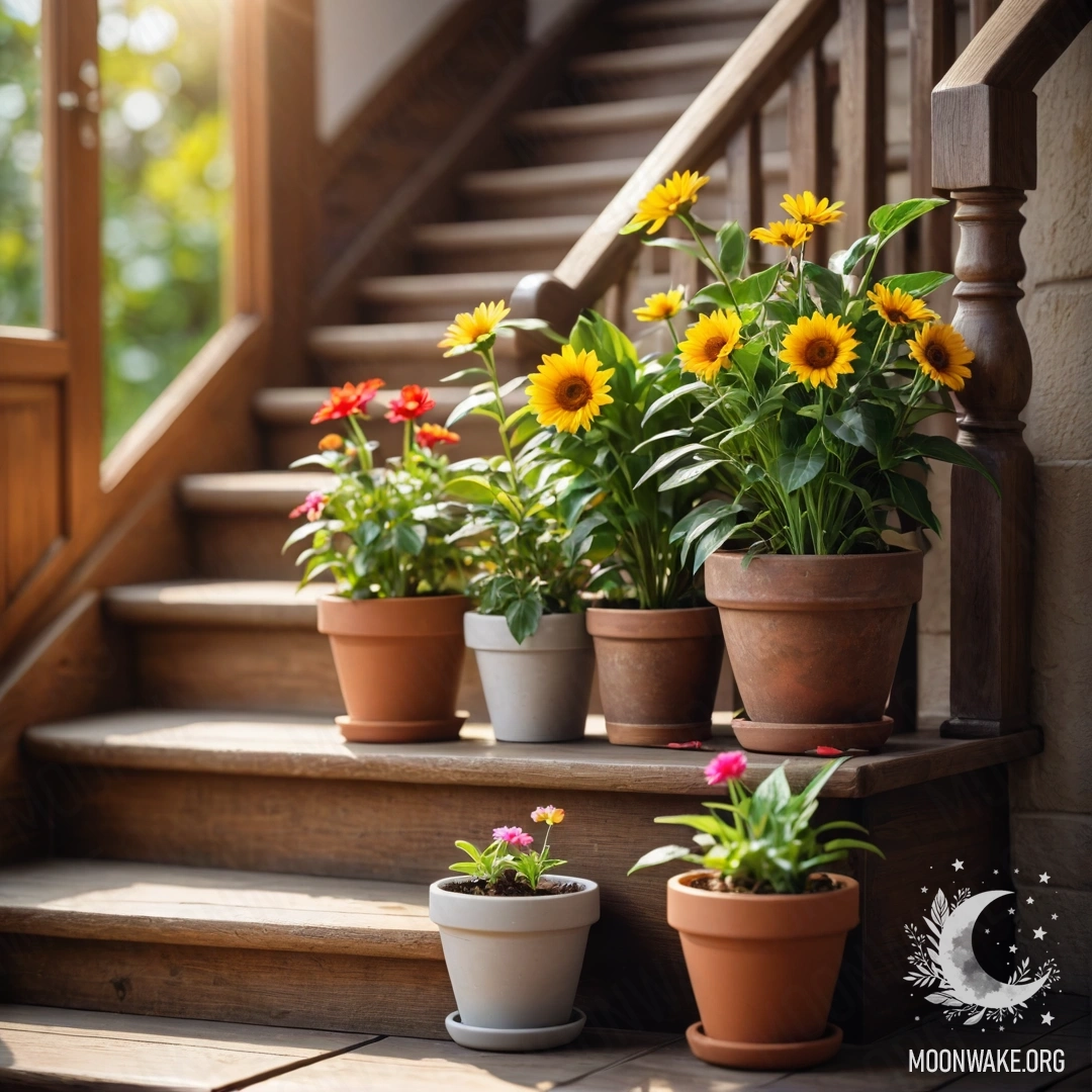 A wooden staircase adorned with flowerpots, illuminated by sunlight.