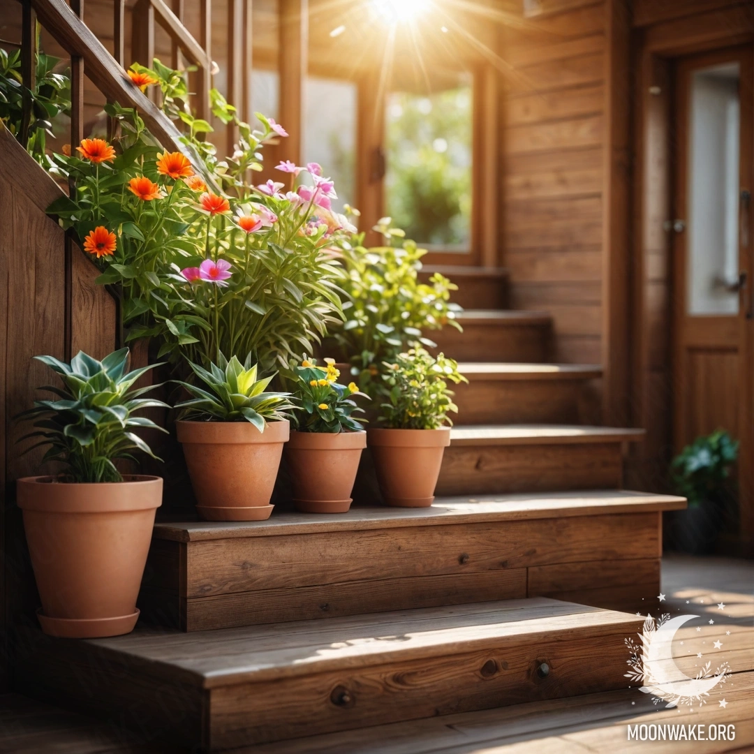 Sunlit Flowerpots on Wooden Staircase A wooden staircase adorned with vibrant flowerpots bathed in sunlight.