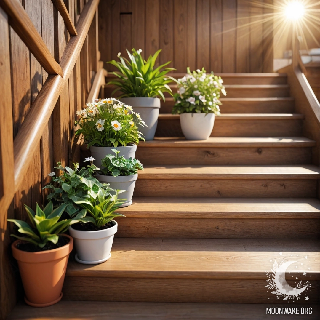 Sunlit Flowerpots on a Wooden Staircase A wooden staircase adorned with flowerpots illuminated by sunlight.