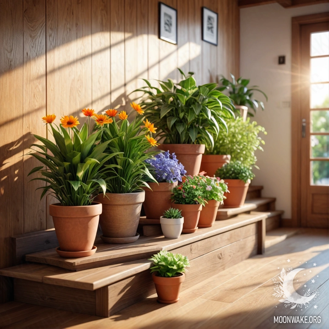 Sunlit Flowerpots on Wooden Stairs A close-up view of flowerpots arranged on a wooden staircase, illuminated by soft sun rays.