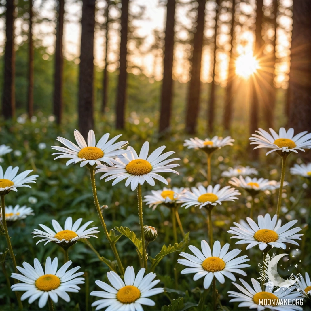 Close-up of daisies illuminated by the sunset in a forest.