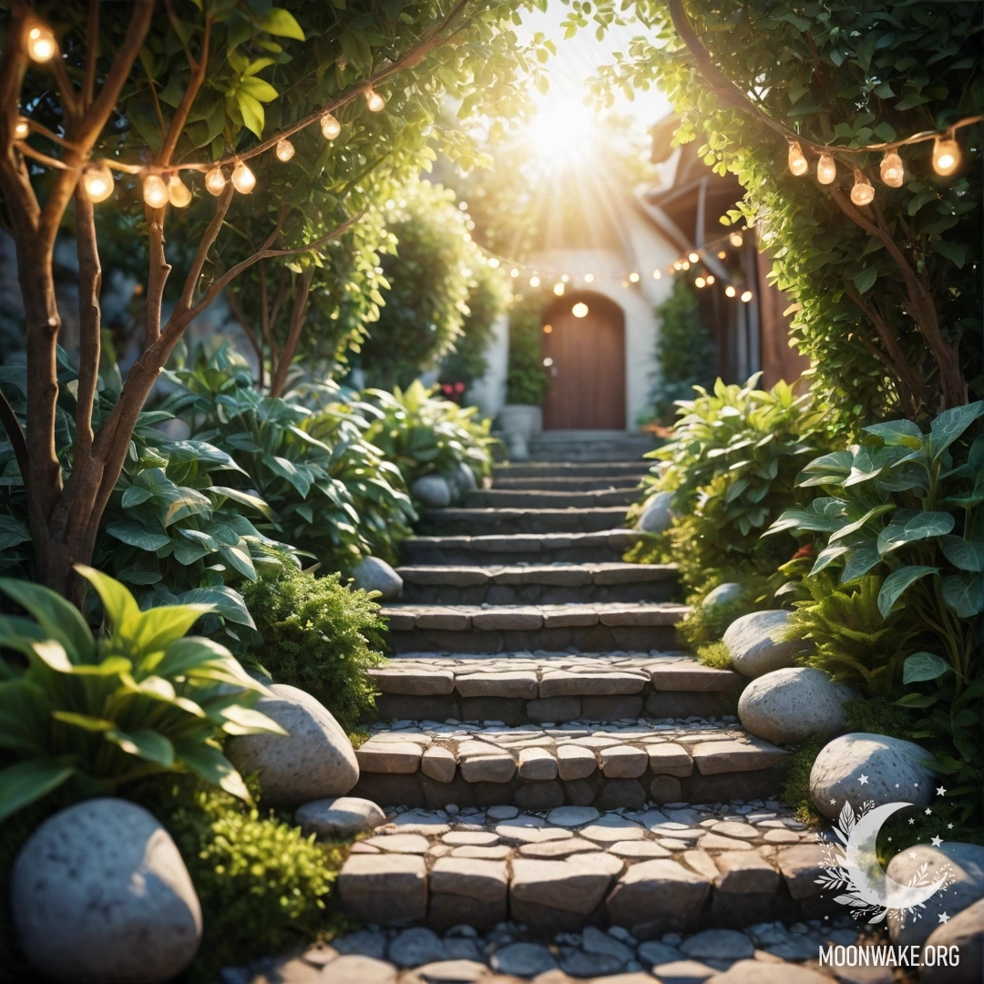Sunlit Garden Pathway with Decor A beautiful garden with light garlands, stone pathway, and wooden staircase illuminated by sun rays.
