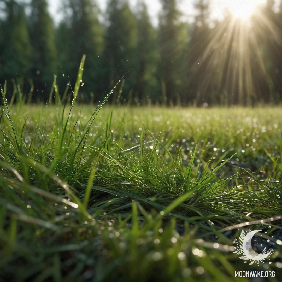 Close-up of grass in a field with soft bokeh background and sun rays.