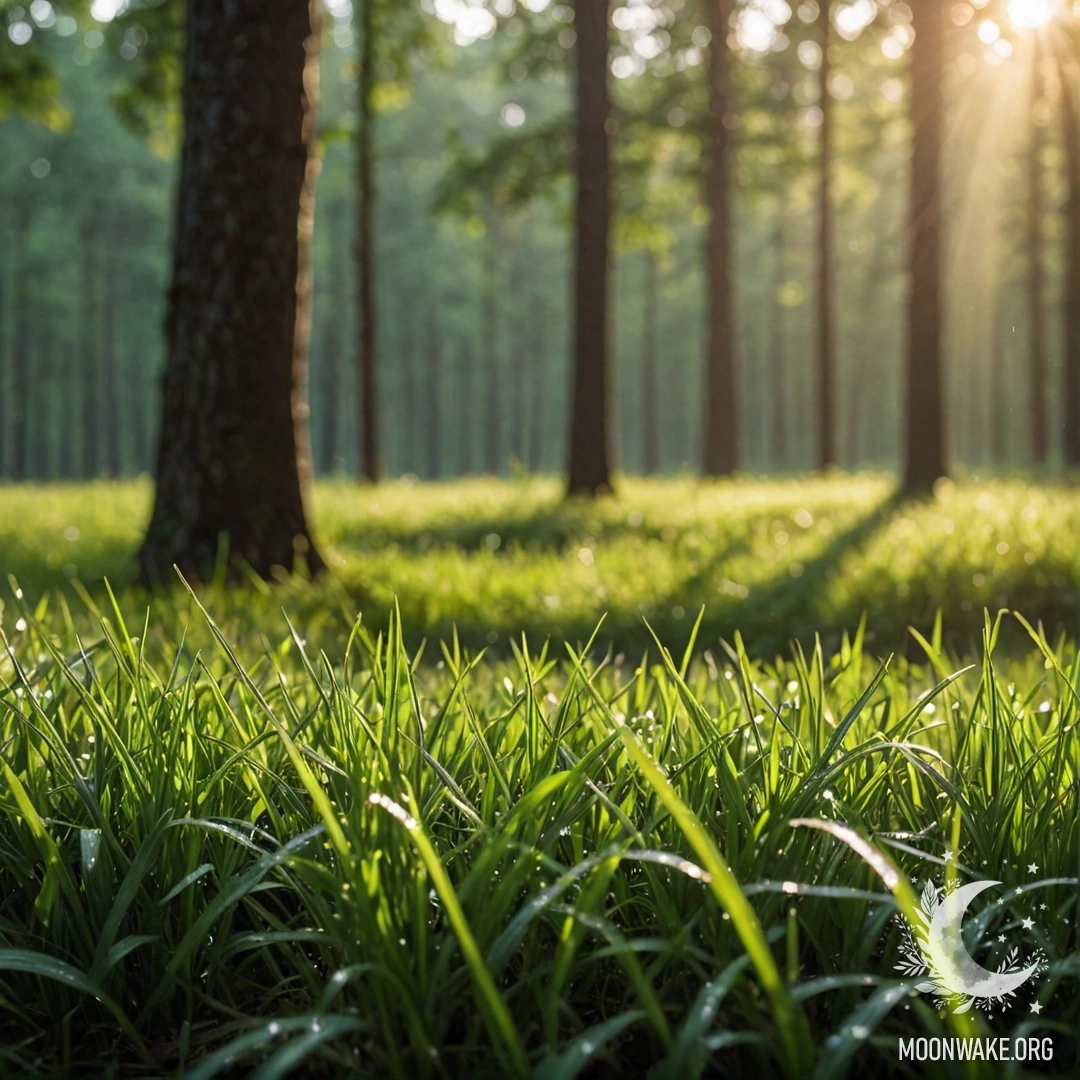 Sunlit Grass in Bokeh Forest A close-up of grass in sunlight with a blurred forest background.