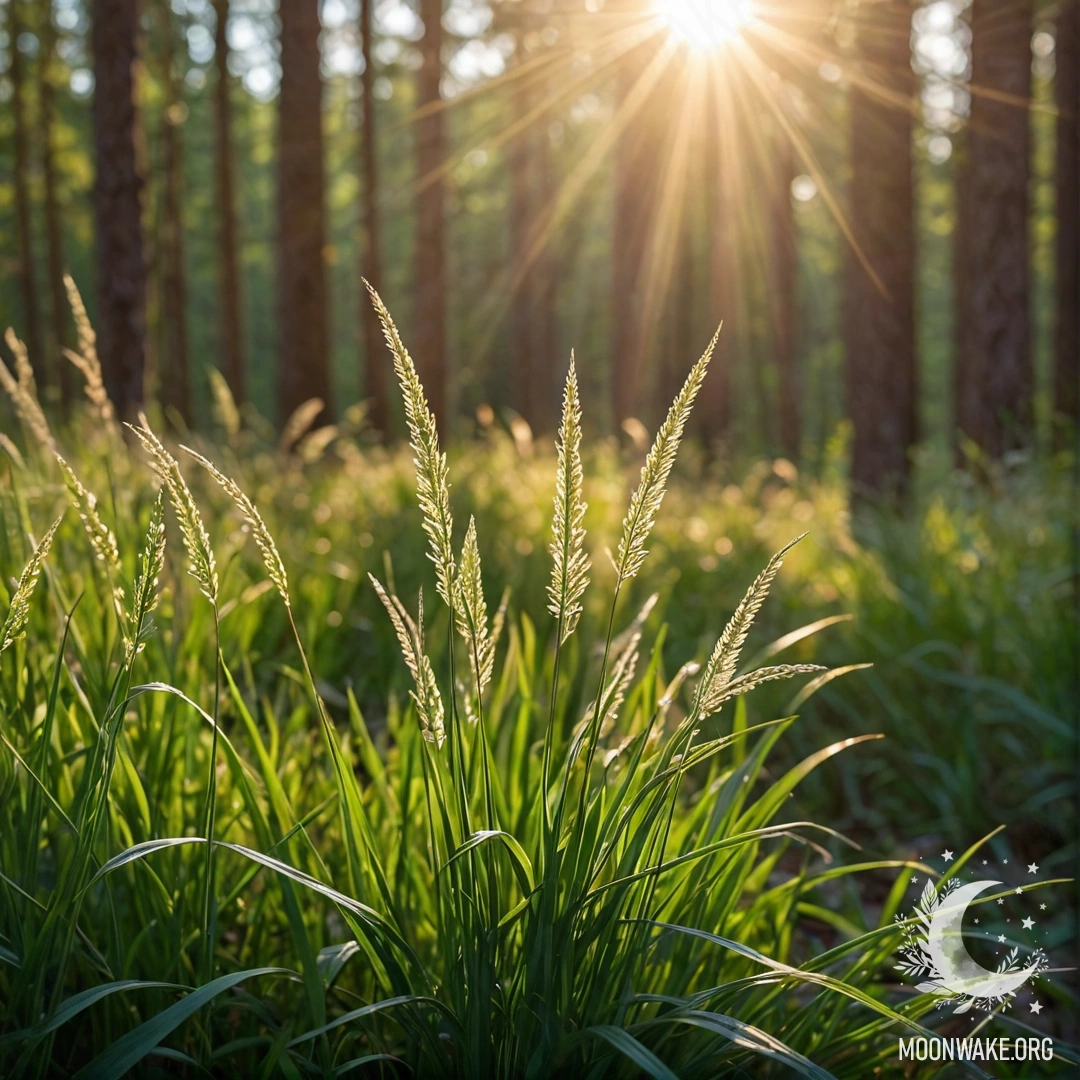 Sunlit Grass in a Bokeh Forest Close-up of grass illuminated by sunlight with a blurred forest background.