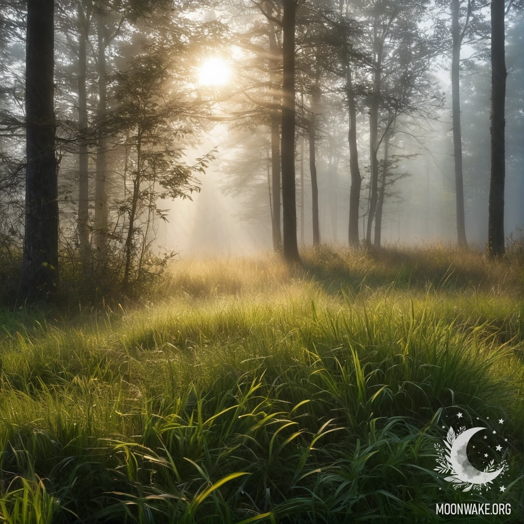 Close up of beautiful grass with a blurred forest background and sunlight filtering through trees.