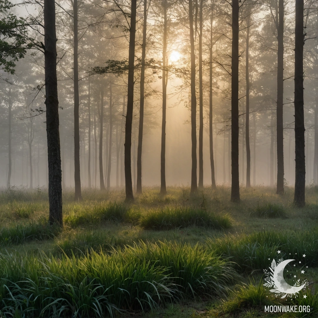 A close-up of grass field with blurred forest background and sun rays.