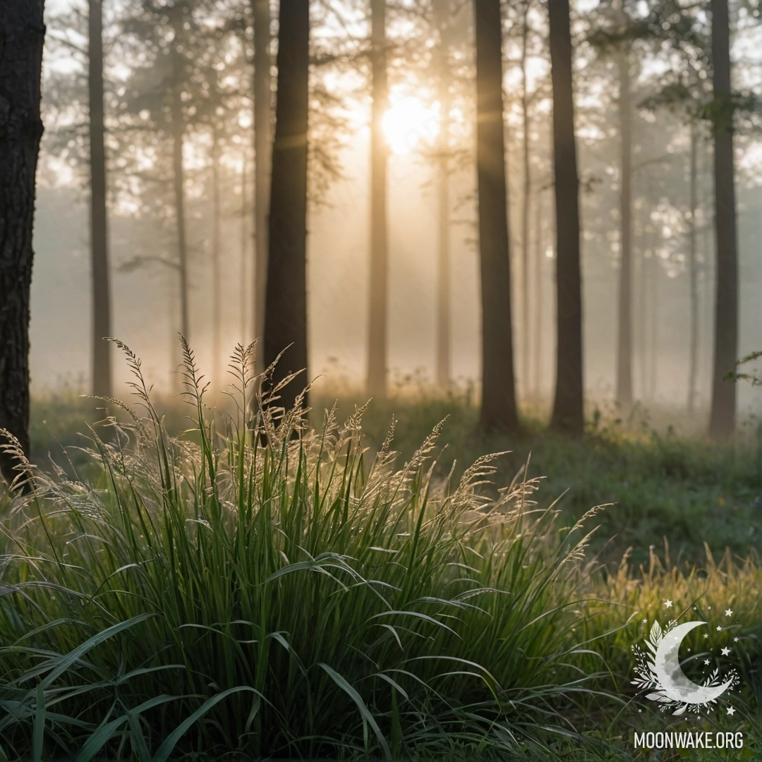 Close-up of soft grass in sunlight, with a blurred forest background.
