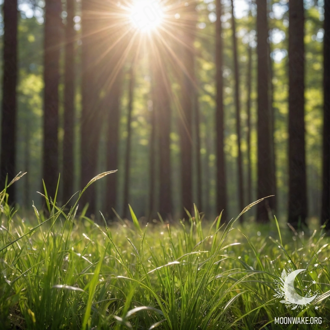 Close-up of grass in a sunlit field with a blurred forest background.