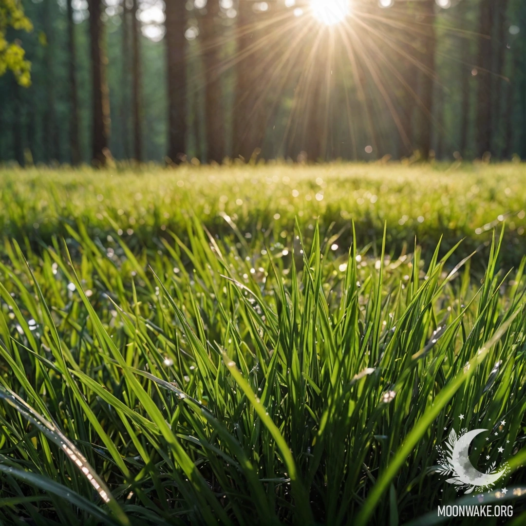 Close-up of grass in a minimalistic field with a blurred forest background.