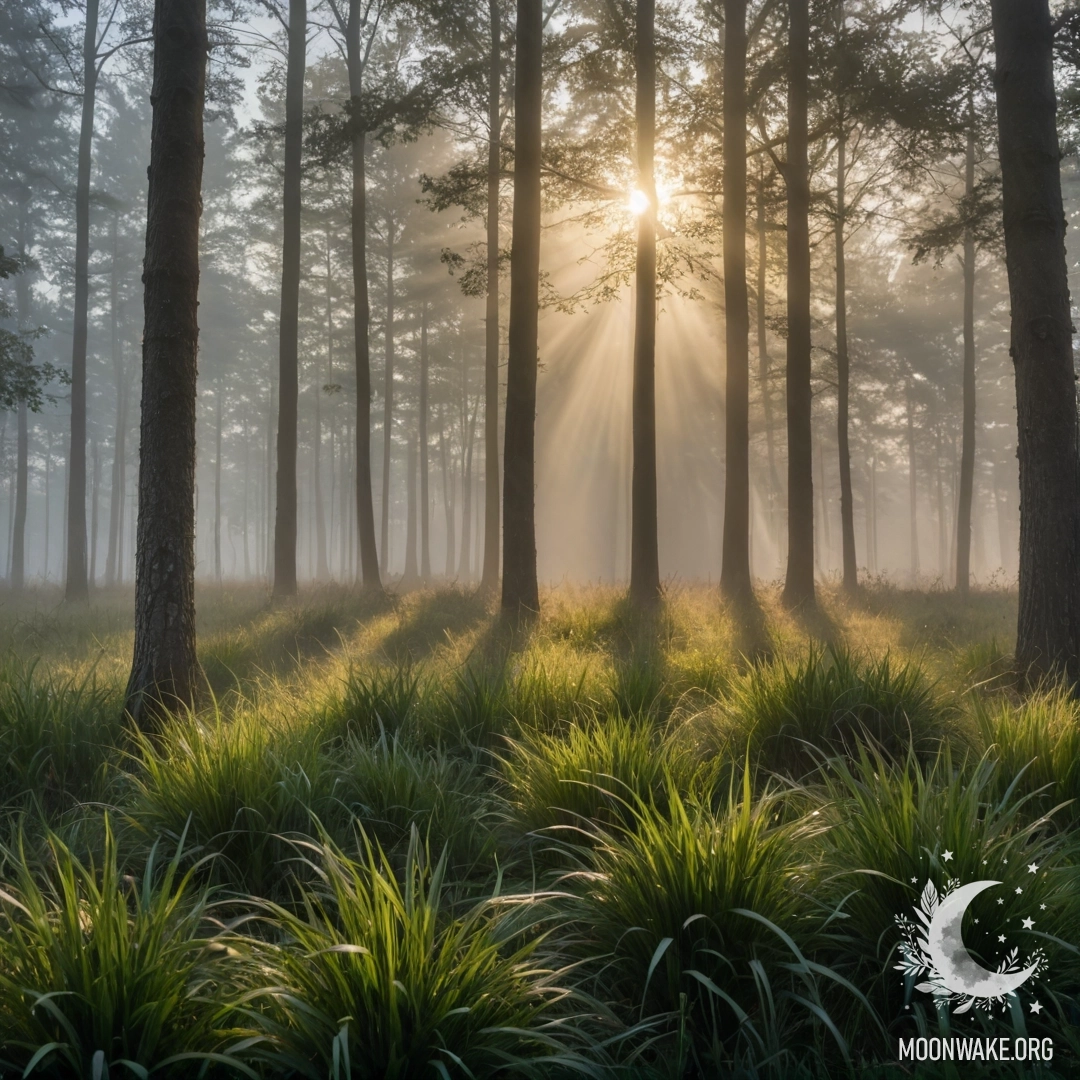 Close-up of grass in a serene field, with blurred forest and sun rays.