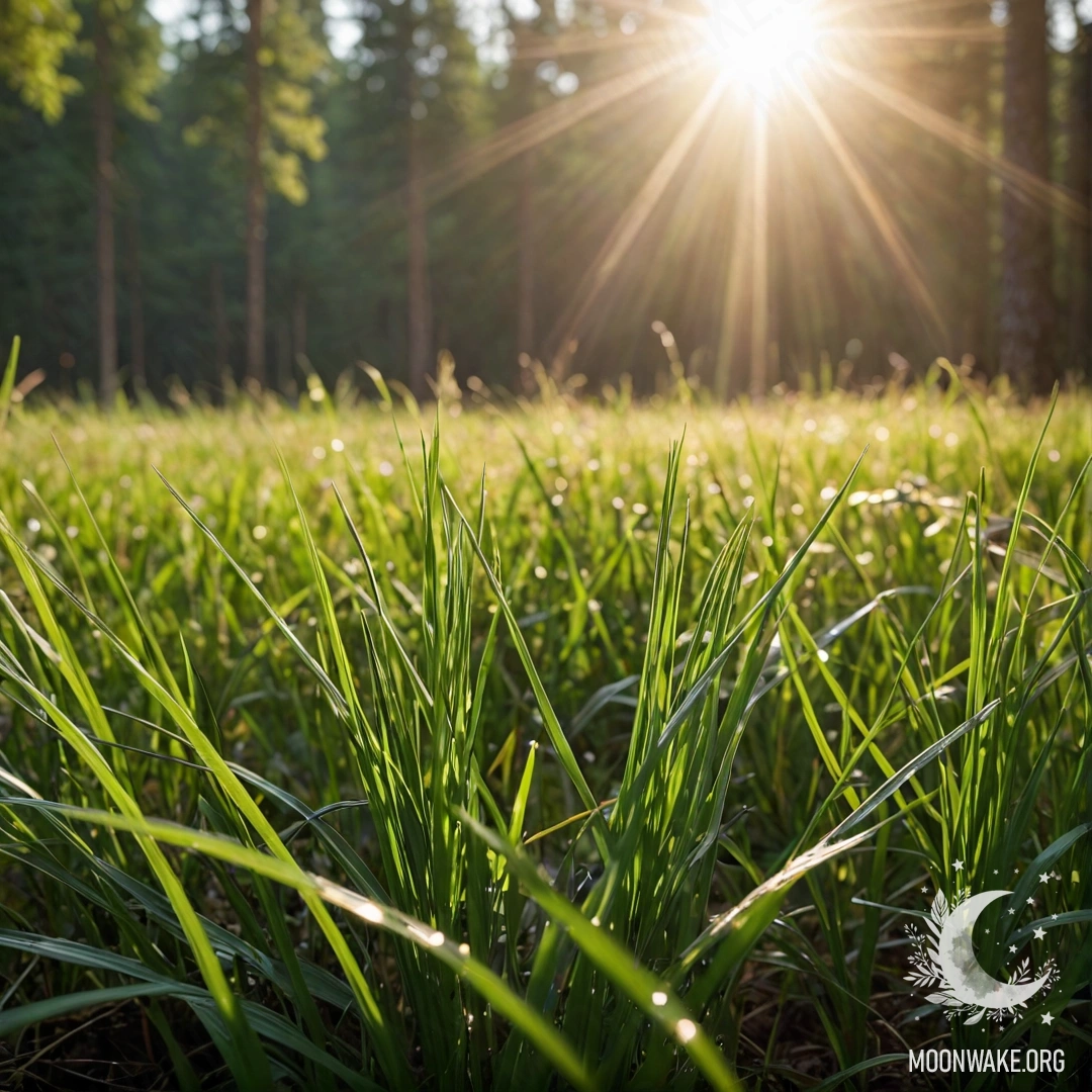 Sunlit Grass Field with Bokeh Forest Close-up of grass in a peaceful field with blurred forest background.