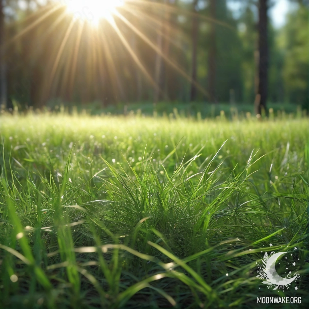 Close-up of grass in a sunlit field with a blurred forest background.