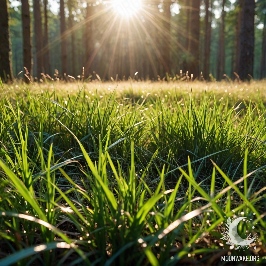 Close-up of grass in a field with sunlight filtering through trees.
