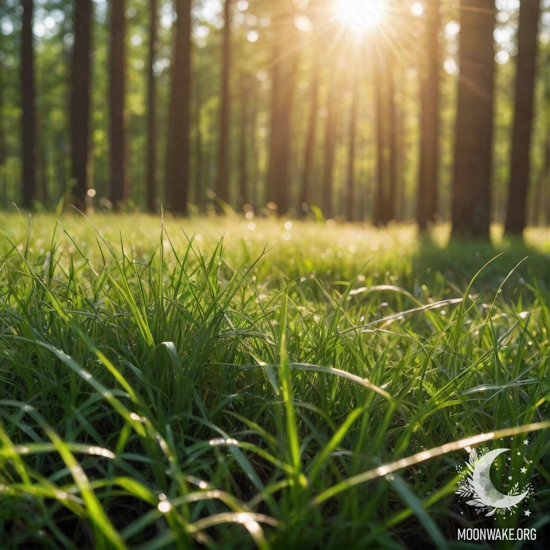 Sunlit Grass Field in Forest Bokeh Close-up of beautiful grass against a blurry forest background with sunlight filtering through trees.