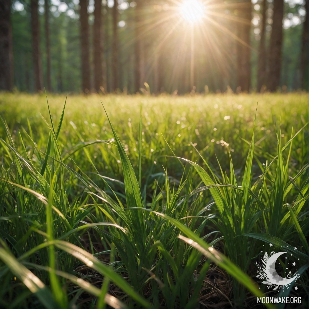 Close-up of grass with sunlight filtering through a forest background.