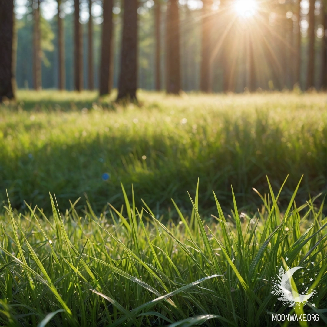Sunlit Grass in a Mystical Forest Close-up of grass in a field with soft sunlight filtering through