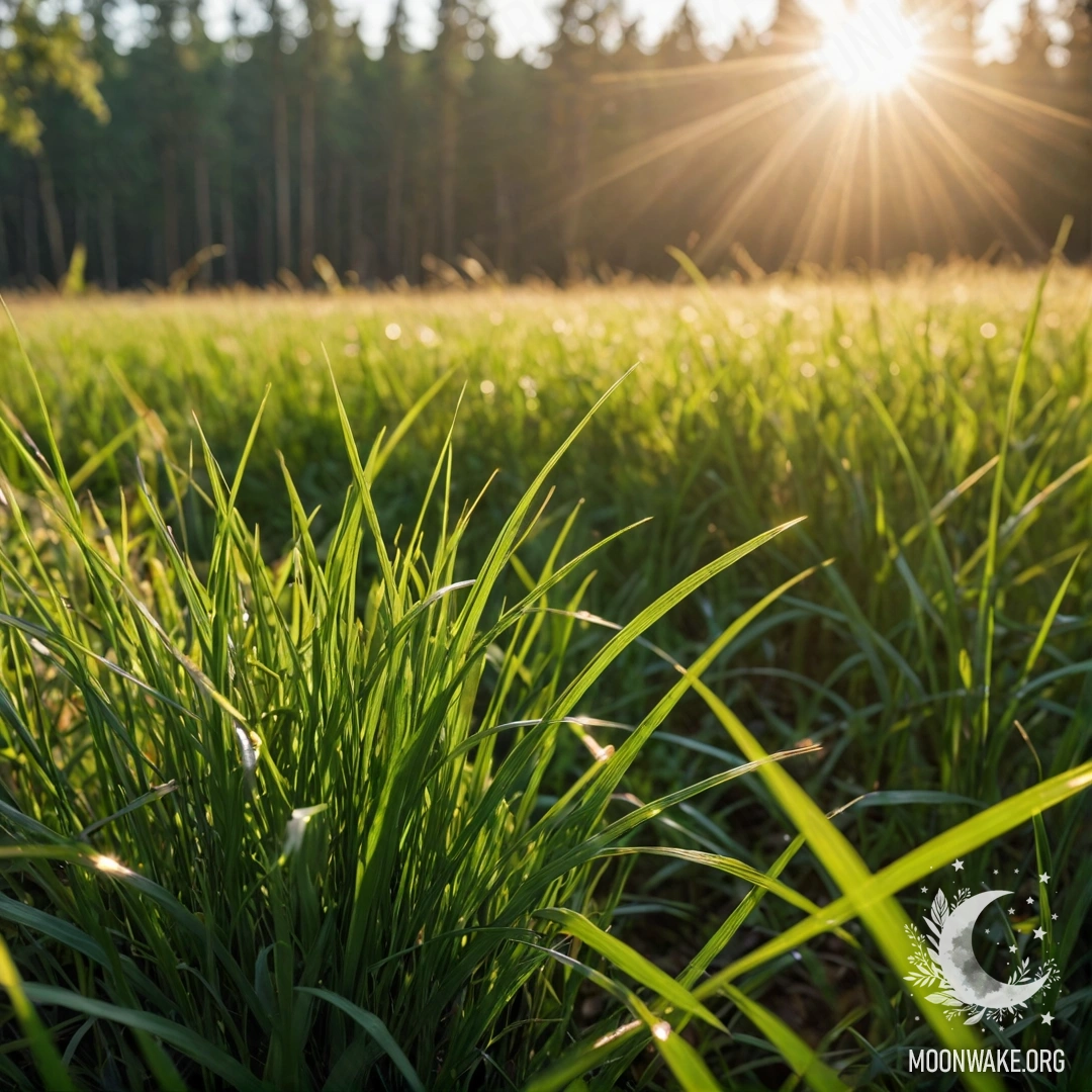 Sunlit Grass in a Minimalist Field Close-up of grass in a field with a bokeh forest and sun rays.
