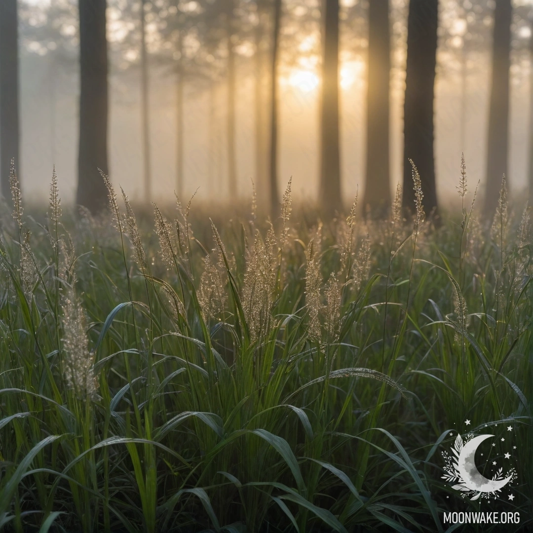 Close-up of beautiful grass field against a blurred forest in mist with sunlight