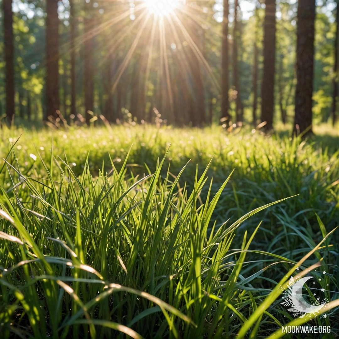 Close-up of grass in a peaceful field with a bokeh forest background and sun rays.