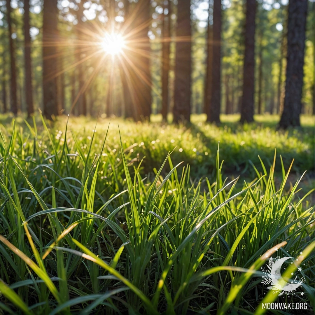 A close-up view of delicate grass blades illuminated by sunlight, against a blurred forest background with gentle bokeh effects.
