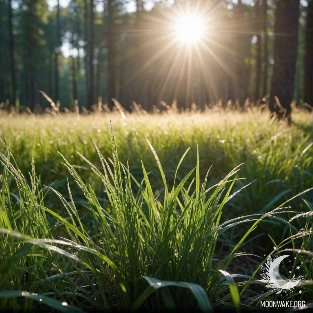 Close-up of grass in a peaceful field with sun rays and a blurred forest background.