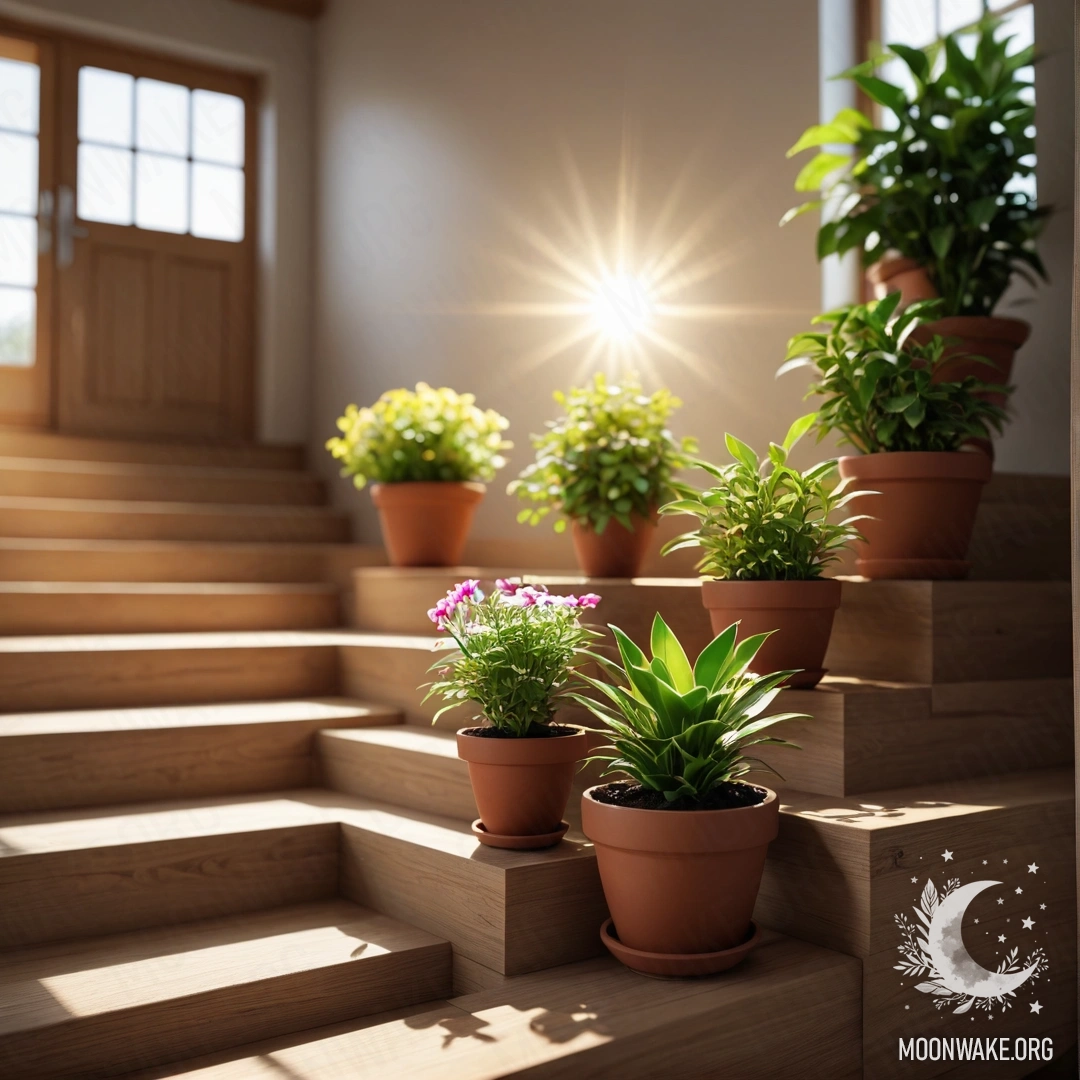 A wooden staircase adorned with flowerpots basking in sunlight.