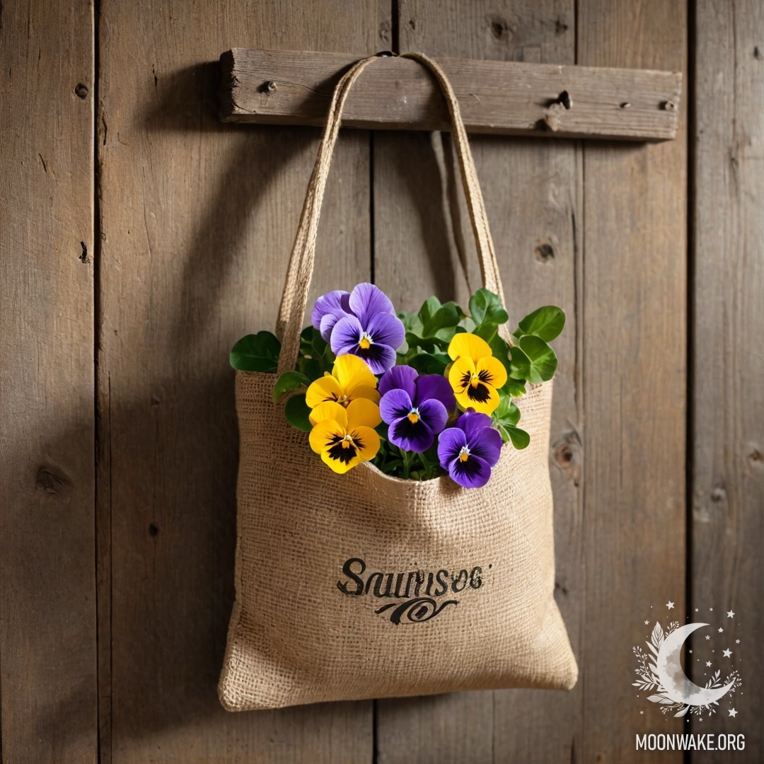 A small burlap bag filled with pansies hanging on a wooden wall, illuminated by sun rays.