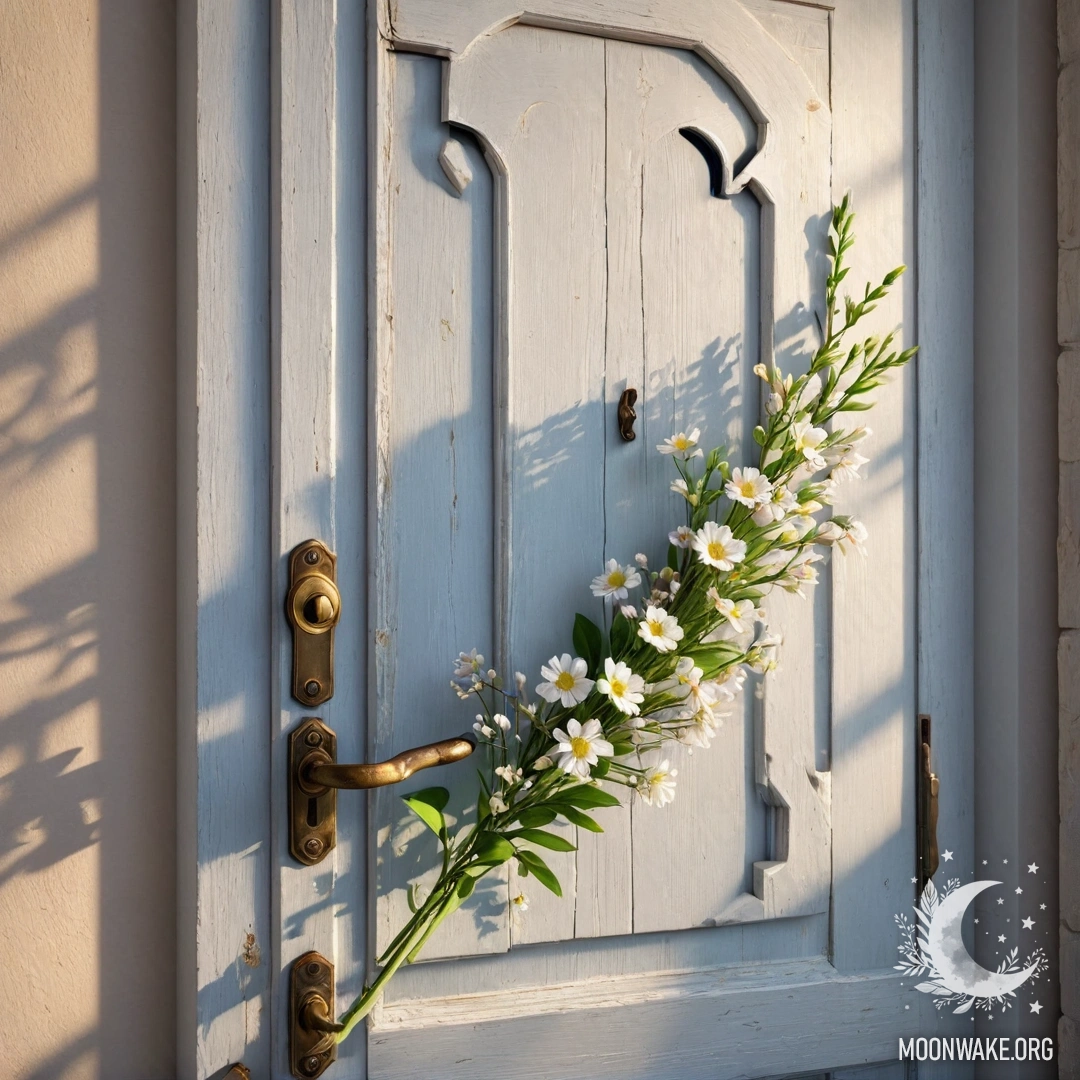 A weathered door adorned with twigs and flowers on the handle, illuminated by sun rays.