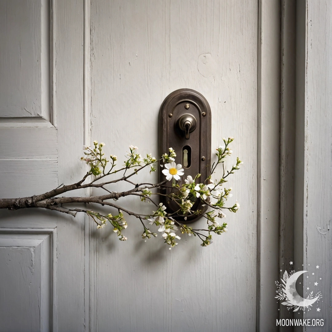 A shabby door adorned with twigs and flowers on the handle, illuminated by sun rays.